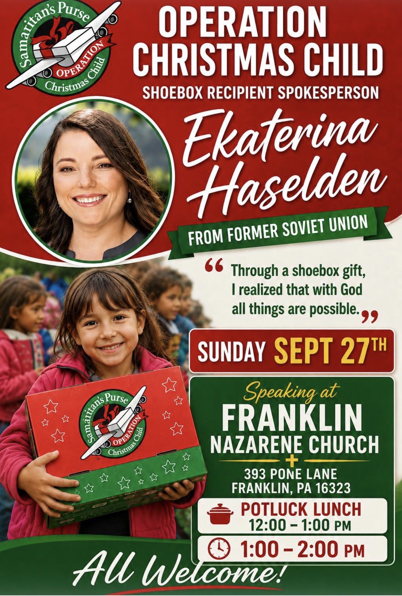 SPECIAL EVENT AT FRANKLIN CHURCH OF NAZARENE FOR OPERATION CHRISTMAS RECIPIENT SPEAKER